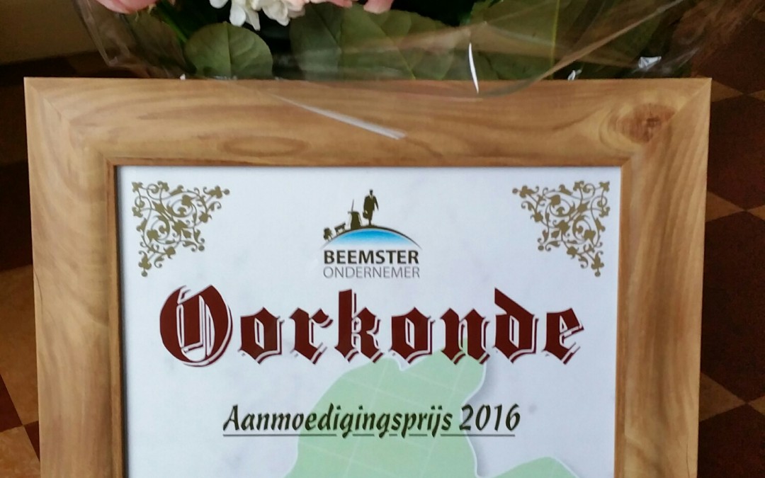 Oorkonde Aanmoedigingsprijs 2016 voor Breedband Beemster